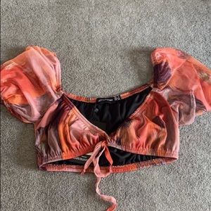 Orange Printed Mesh Tie Front Detail Puff Sleeve Bralet